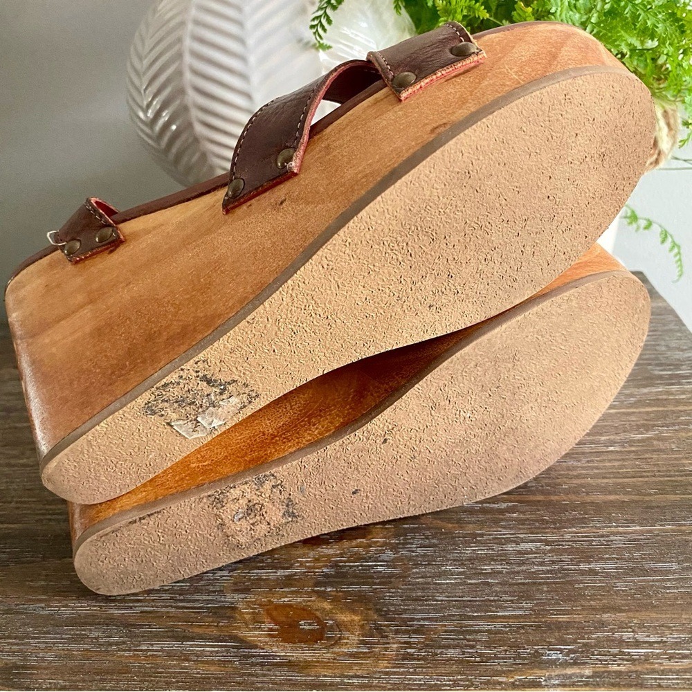 Bed|Stu Grettell Leather Wood Platform Studded Wedge Sandals 10 Brown Burgundy - Picture 5 of 12